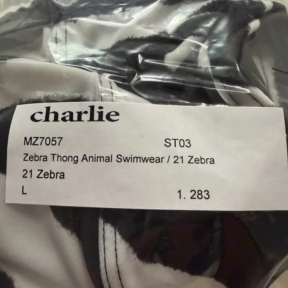 Charlie By MZ Mens Signature Print Zebra Body Swim Thong Color Black White L